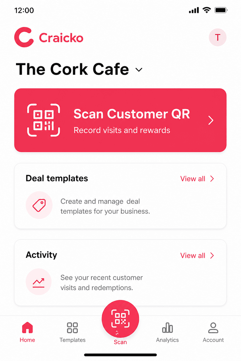 Craicko business home with a large Scan Customer QR button