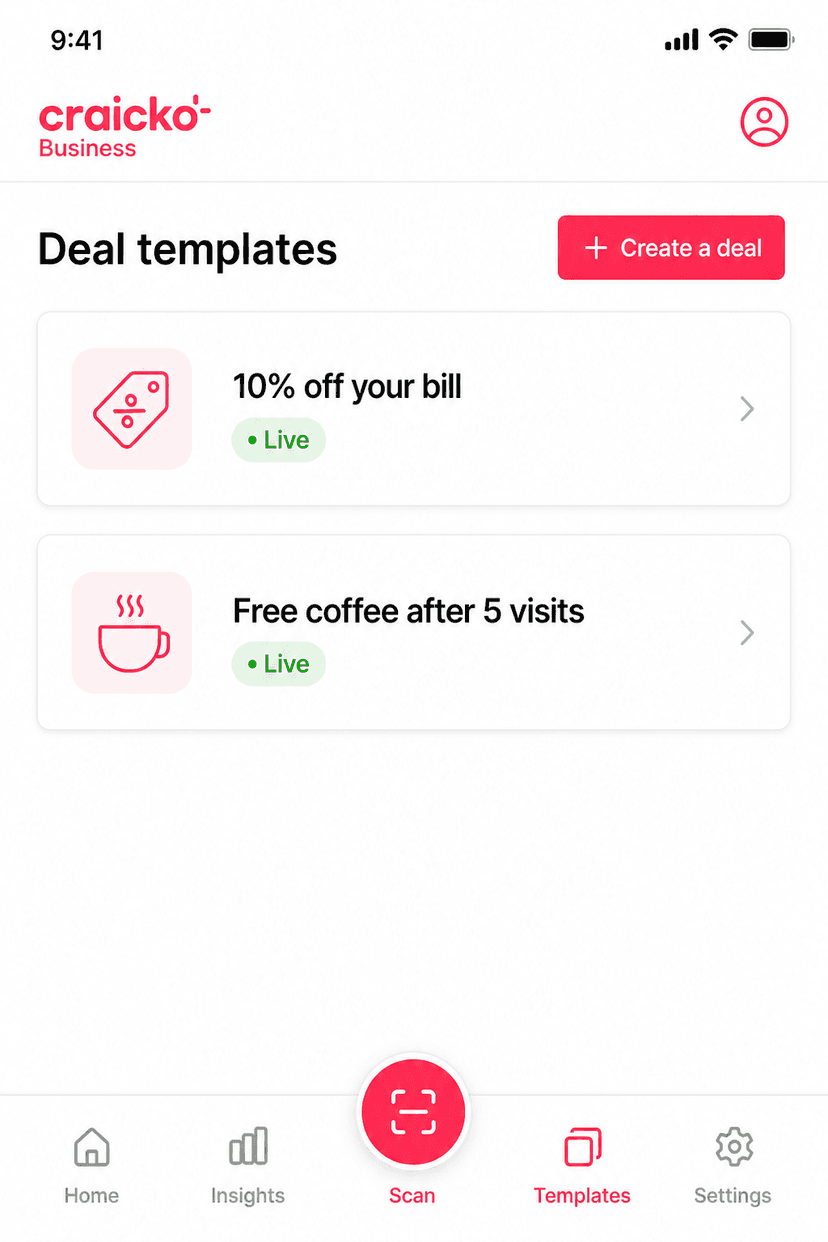 Craicko Deal templates screen with Create a deal and live offers