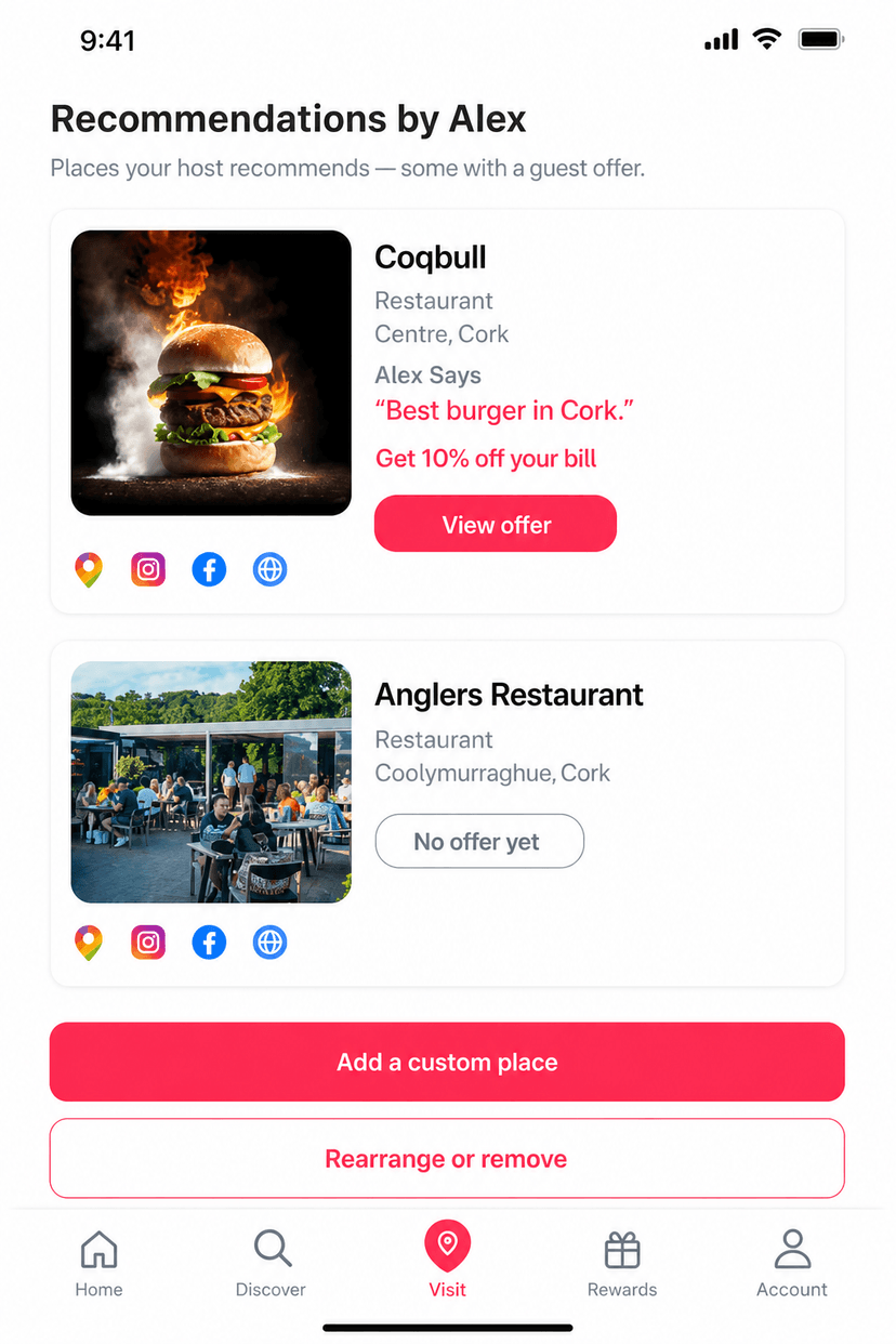 Guest phone showing host recommendations with View offer