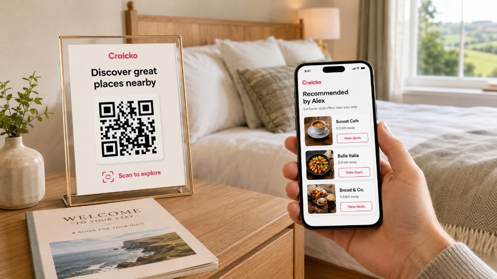 A guest recommendation QR displayed in a guest room